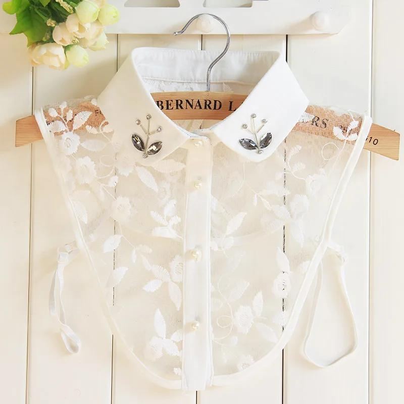 Linbaiway Embroidery Cotton Fake Collars for Women Removalbe False Collar Blouse Rhinestone Clothes Female Detachable Neckwear