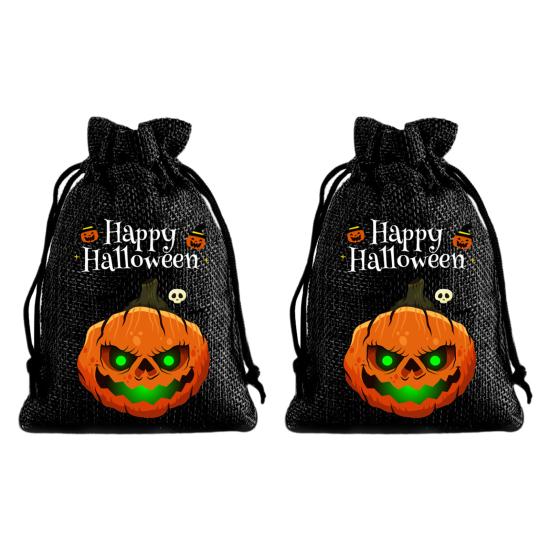 Handmade Style Party Bags 2Pcs Halloween Pumpkin Drawstring for Candy Treats, Retro Burlap Festival Totes Trick or Treat Bags, Portable Goodie