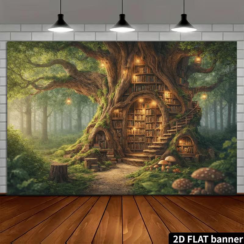 2D Whimsical Tree Library Tapestry, Aesthetic Enchanted Forest Wall Hanging