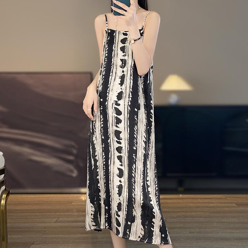 Women's Silk Satin Spring and Summer Floral Halter Dress Show Temperament Elegant Loose National Style Slimming Dress