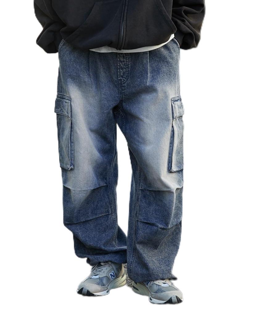 WEGO Medium Denim Easy Cargo Wide Leg Korean Medium Medium Denim Men's Pants, Pants, Streetwear, Sports, Outdoor, Style, Spring, Summer, Autumn,