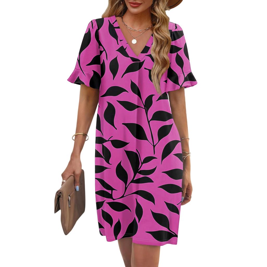 Women's Summer Floral Print Dress Pleated Short Sleeve V-Neck Pocket Casual Dress