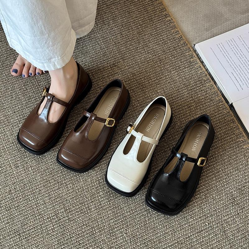Soft Leather Version~ Square Head T-Buckle Retro Mary Jane Small Leather Shoes Versatile Loafer Shoes Commuter Flat Shoes Women