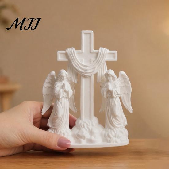 Minimalist Angel Desk Decor 3D Printed Praying Ornament, Dual Angels with Flowing Cloud Base, Sacred Pure White Matte Statue Sculpture for Prayer