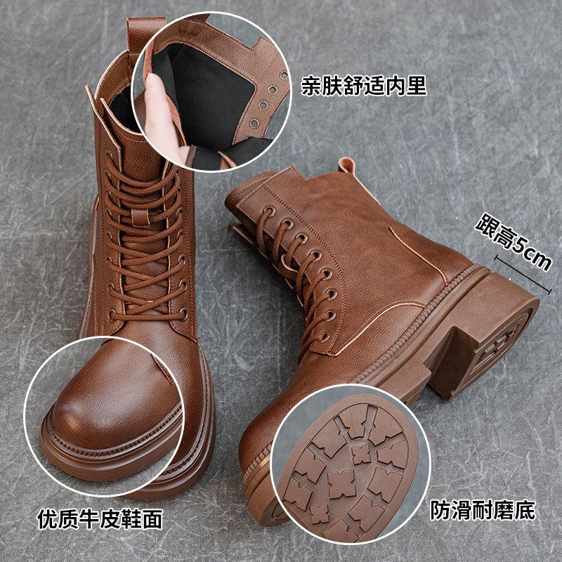 Retro thick-soled high-heeled short boots, genuine leather Martin boots, women's inner heightening versatile medium boots, brown knight boots.