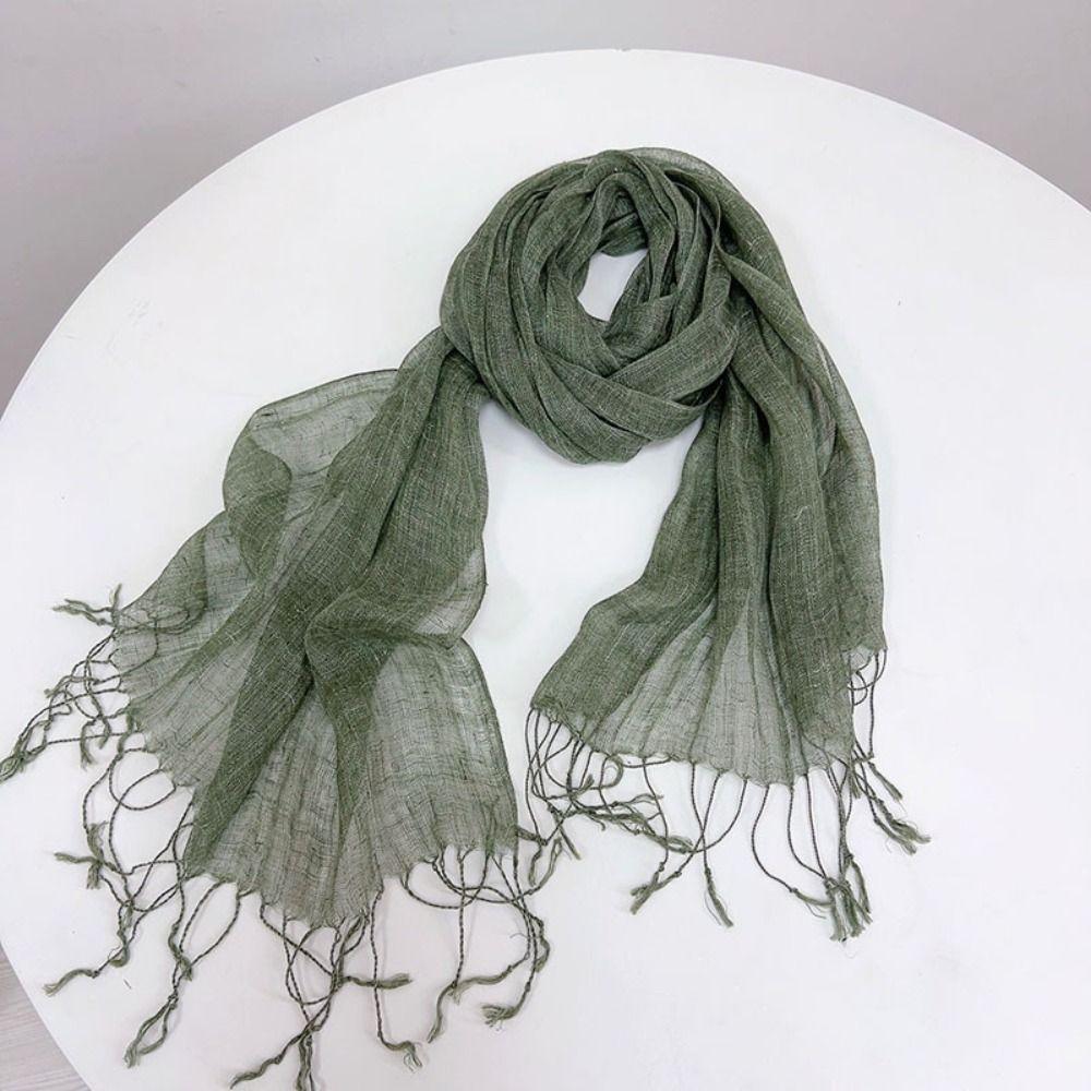 Solid Color Sun Protection Wrap Long Tassel Shawl Wrap Versatile Pure Linen Scarf  Spring Summer