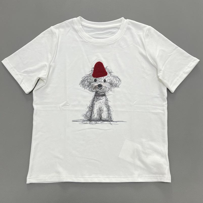 

Women s Little Red Riding Hood Embroidered Puppy Print Loose Fit T-Shirt One Size білий