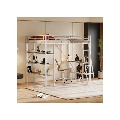 Lit Mezzanine - - 90x200 Cm - Métal Blanc - Bureau Intégré