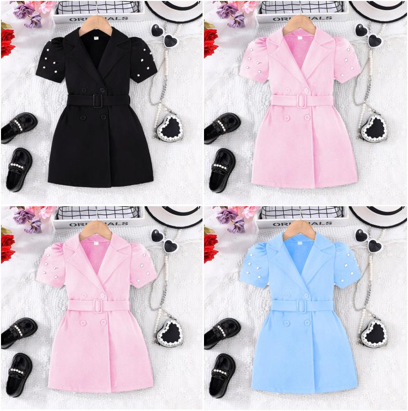 

Summer Children s Fashionable Solid-color Short-sleeved Casual Dress with A Belt 8Y