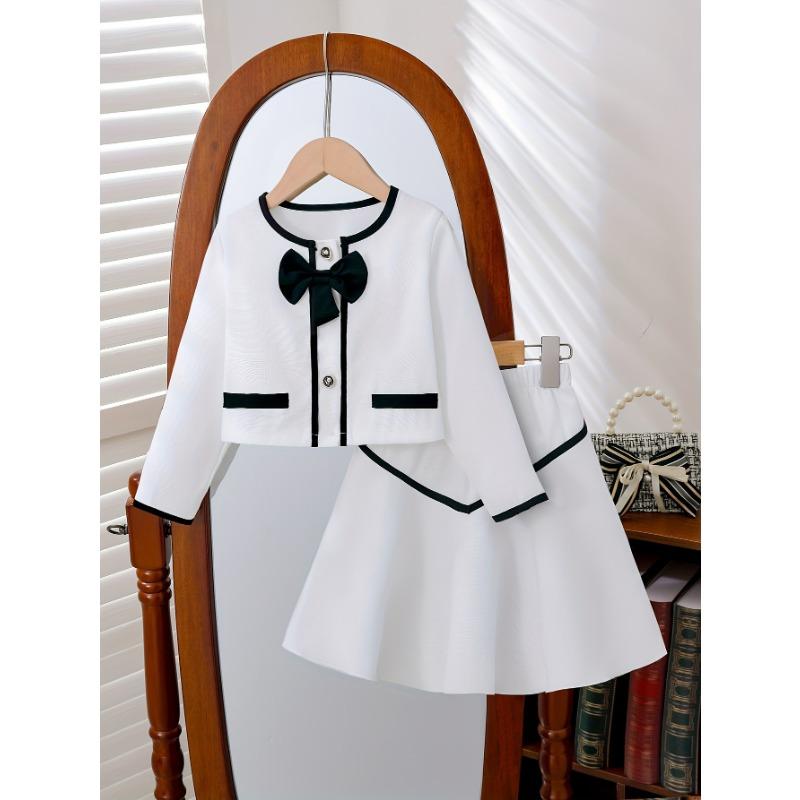 

Милый и элегантный комплект-двойка для девочки: Твидовый топ с длинным рукавом, пуговицы с текстурой розы 9-10Y белый