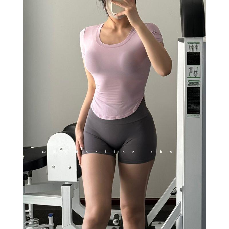 

Fashion Curved Hem Fitness Short Sleeve Women s Running Sports Breathable Tops Silm Slim Looking Lightweight Yoga Clothes T-shirt Pink purple XL