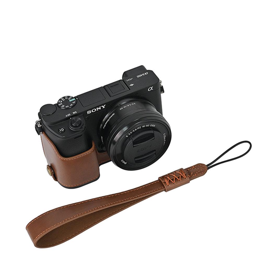 Ölleder PU Leder Kamera Halbkörpergehäuse Für Sony A6400 A6300 A6000 A6100 Batterieöffnung Bodenabdeckung Mit Handschlaufe