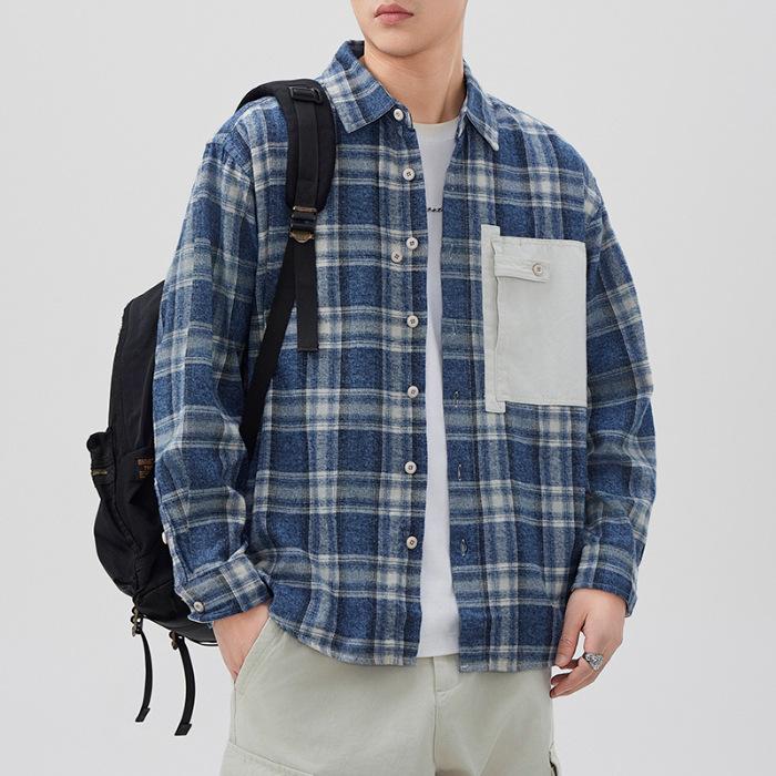 

Новая весенняя японская ретро мужская свободная рубашка цветная клетчатая повседневная американская рубашка-куртка 4XL синий