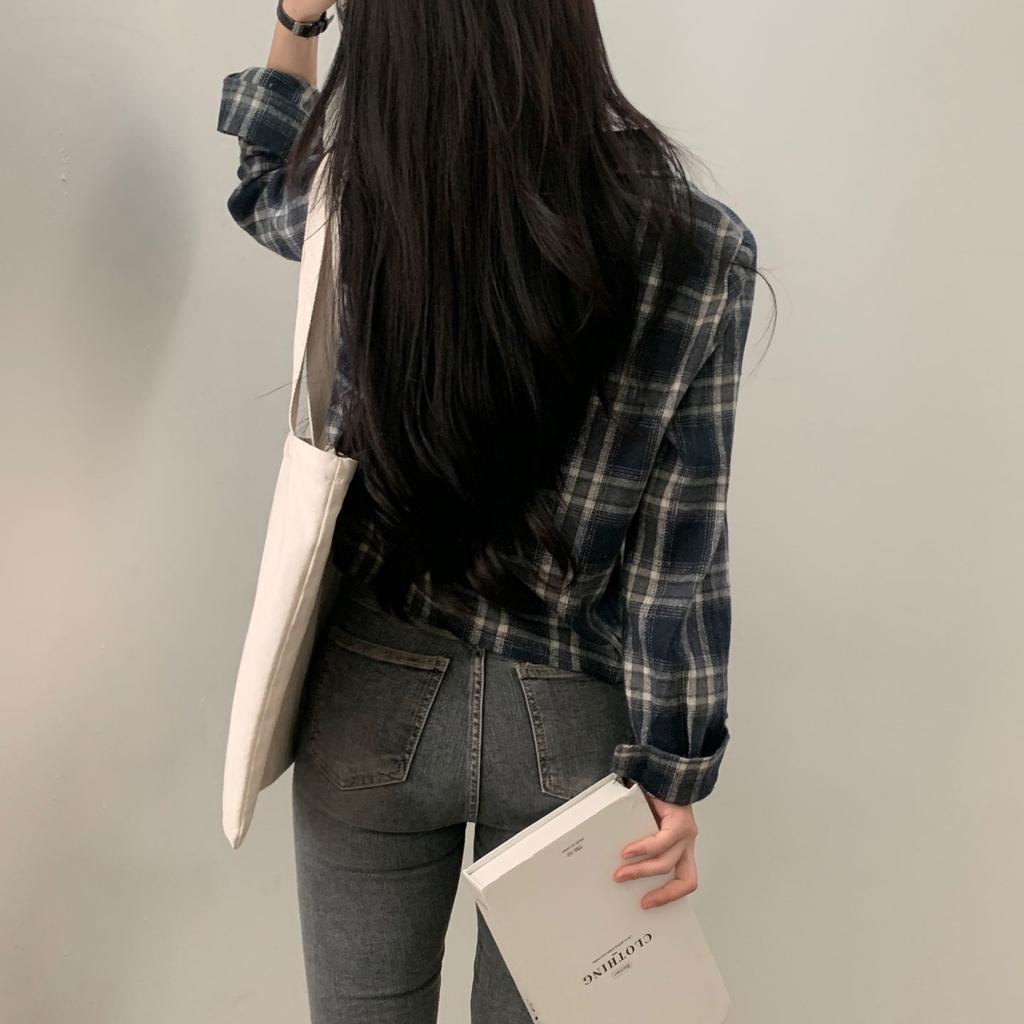 Korean Chic Autumn Short Long Sleeved Checkered Shirt for Women