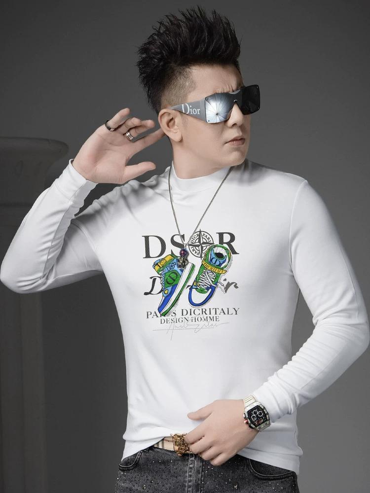 Ozhouzhan 2025 Autumn New Half-high Collar Men's T-shirt Trendy Casual Print Top Long sleeve Bottoming Shirt Men