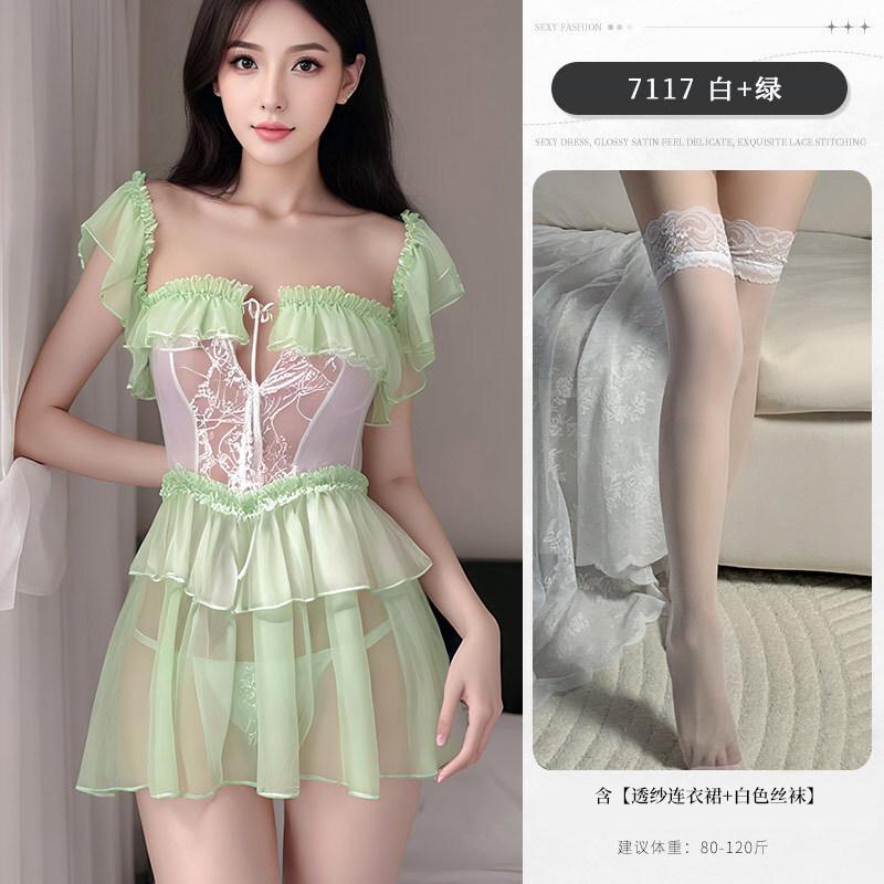 New Sexy Sexy Pure Desire Summer Sweet Girl Hip-revealing Strap Transparent Dress Elegant Nightdress Green Sweet Mini Dress 18J6