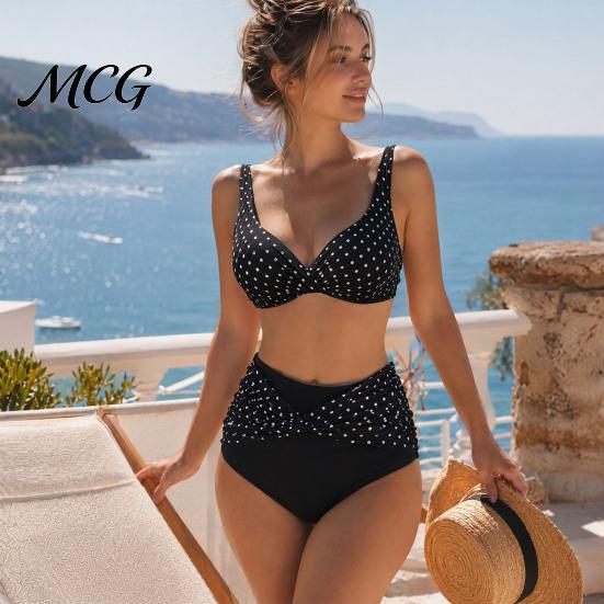 V-neck Bikini Set 2Pcs/Set Plus Size Set, Cross-Chest V-Neck Bra with Built-In Support, Photogenic Beach Outfit High-Waisted Twist Swim Bottoms, Retro