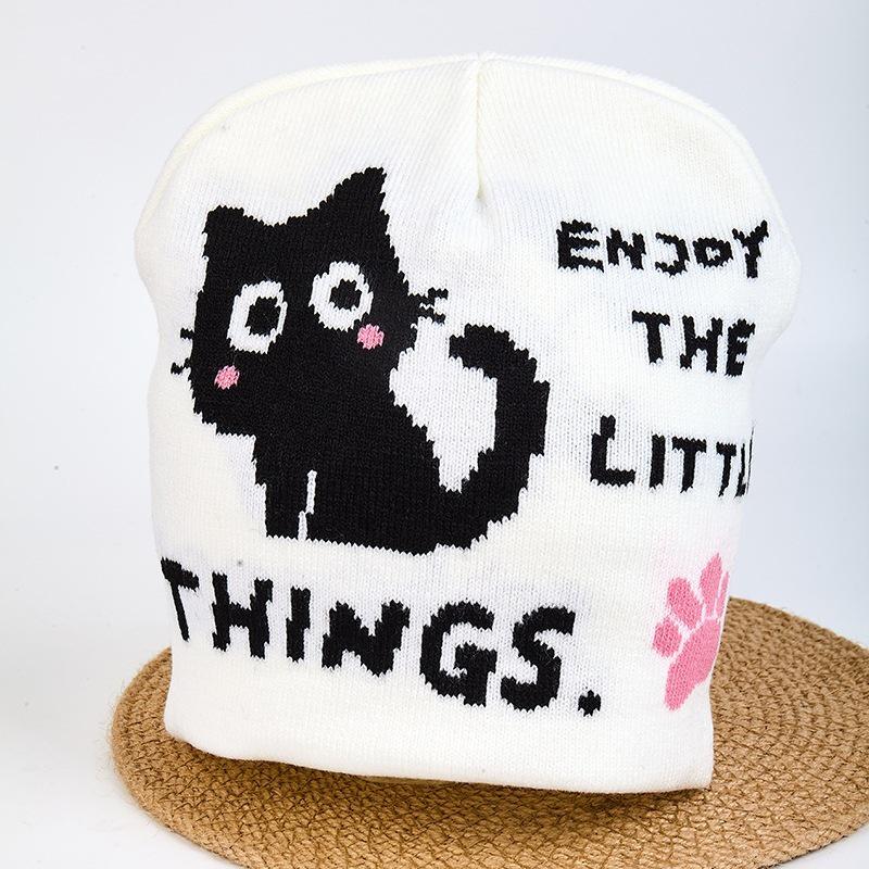 European & American Trend Jacquard Knit Hat - Cute Cat Cartoon Wool Beanie, Simple & Versatile Design
