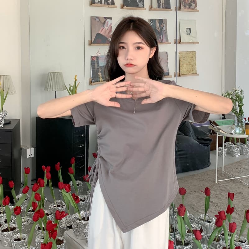 Tricouri de vară solide neregulate pentru femei, tricou cu mânecă scurtă și guler O, casual, Slim, elastic, cu șnur, y2k, crop topuri, haine pentru femei