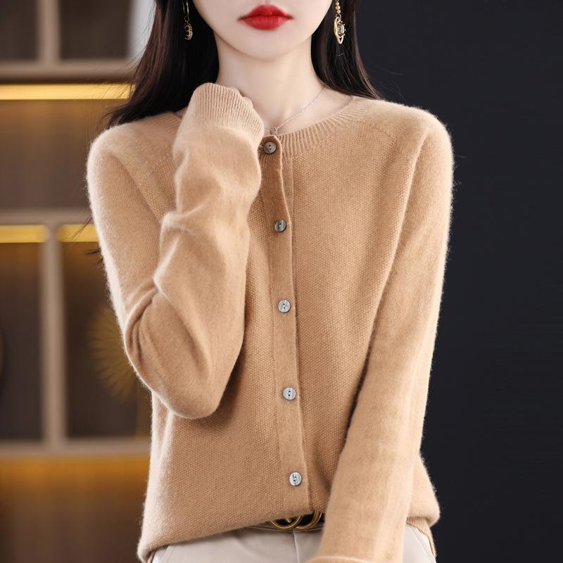 Women's Wool Knitwear: Autumn/Winter Round Neck Cardigan - Long Sleeve Solid Color Sweater Jacket