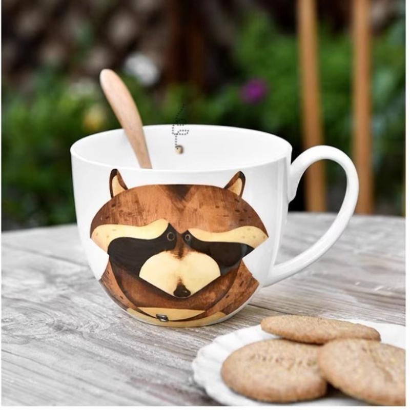 600ml Velkokapacitní keramický hrnek slon s víčkem a lžičkou – Roztomilý zvířecí design Snídaňová miska, Miska na ovesnou kaši, Šálek na kávu