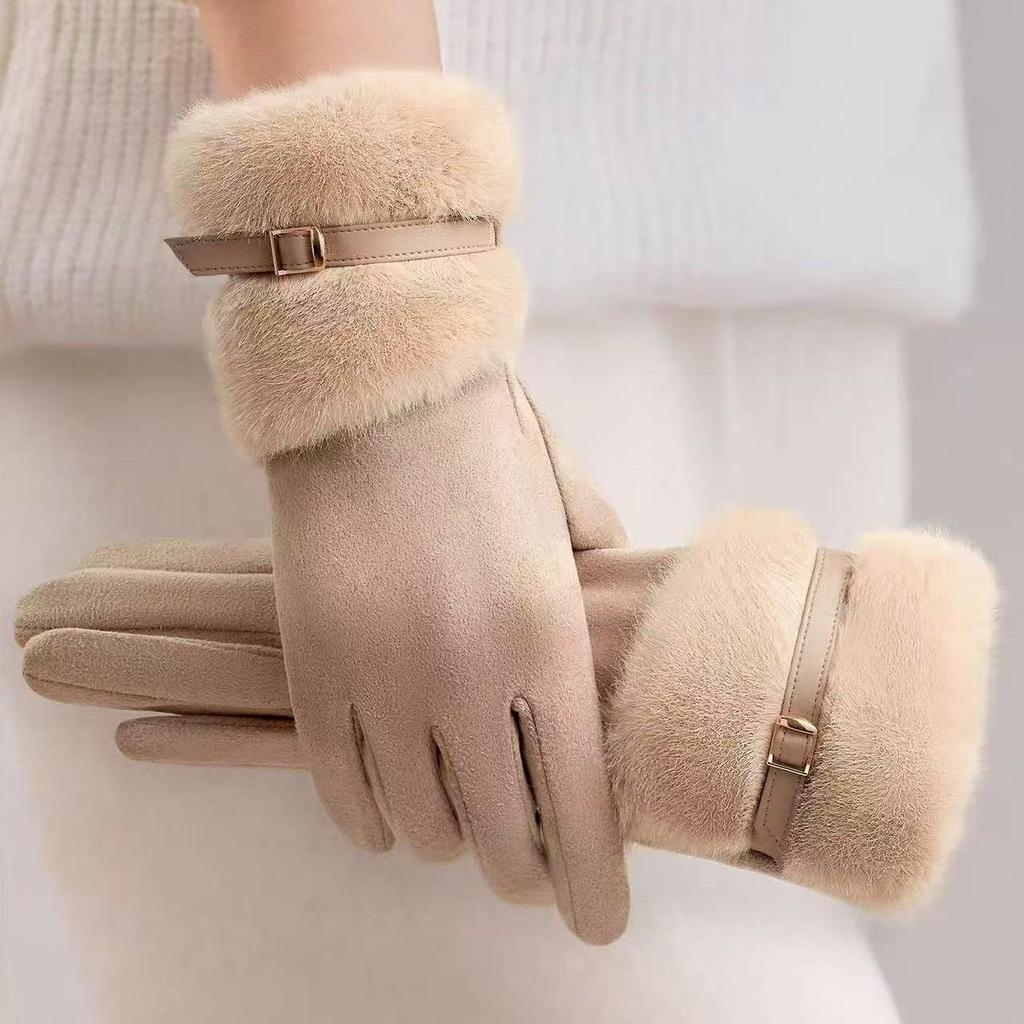 Women's Warm Suede Gloves with Faux Mink Fur and Buckle