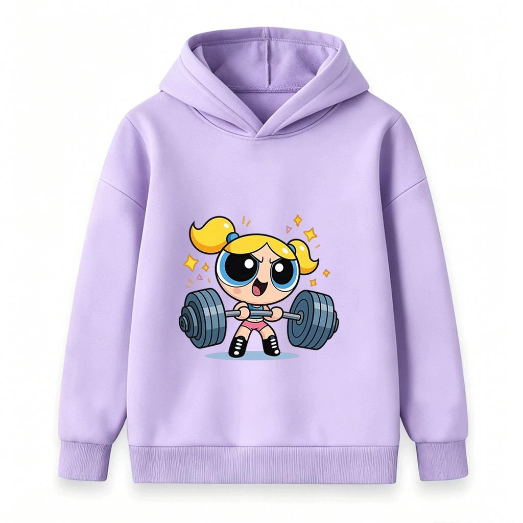 Kids Boys Girls Pullover Hoodie, Cute Bubbles Powerpuff Weight Lifting Cartoon Print Casual Soft Hooded Sweatshirt for Children Daily Wear