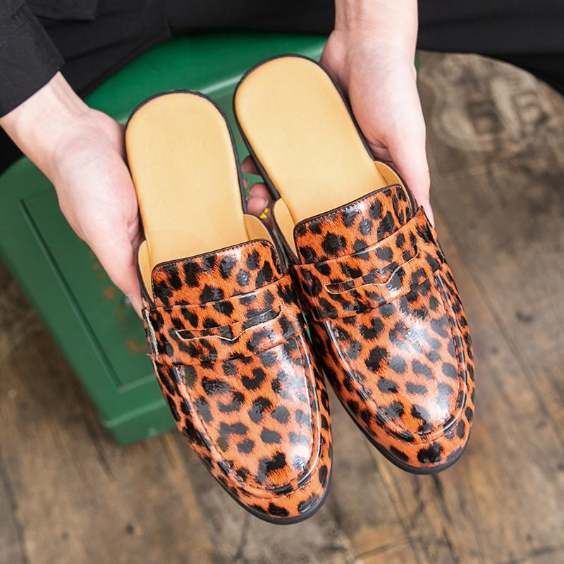 Men's Slippers Mule Loafers Leopard Print Leather Clogs Summer Dress Sandals Casual Backless Half-drag Shoes Plus Size