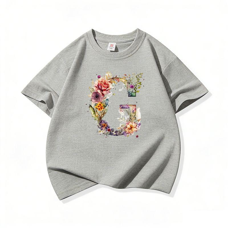 Kids Cotton T Shirt Floral Letter G Print Crew Neck Short Sleeve Tee Casual Boys Girls Summer Tops