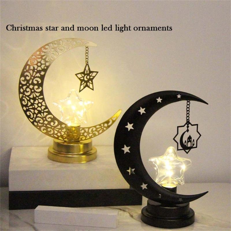 LED Hollowed Moon Star Nightlight Table Lamp Ornament for Eid Mubarak Ramadans Muslims Festivals Party Decoration Gift