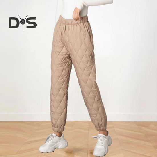 Women Winter Pants Elastic High Waist Quilted Pants Diamond-shaped Texture Design Thickened Warm Sweatpants