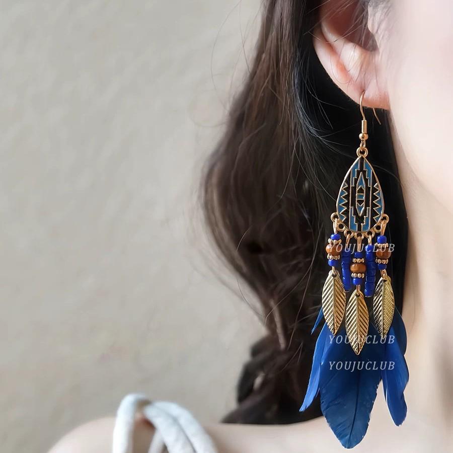 Bohemian Feather Tassel Earrings for Women - Exotic Ethnic Style, Perfect for Vacations and Retro Fresh Looks.