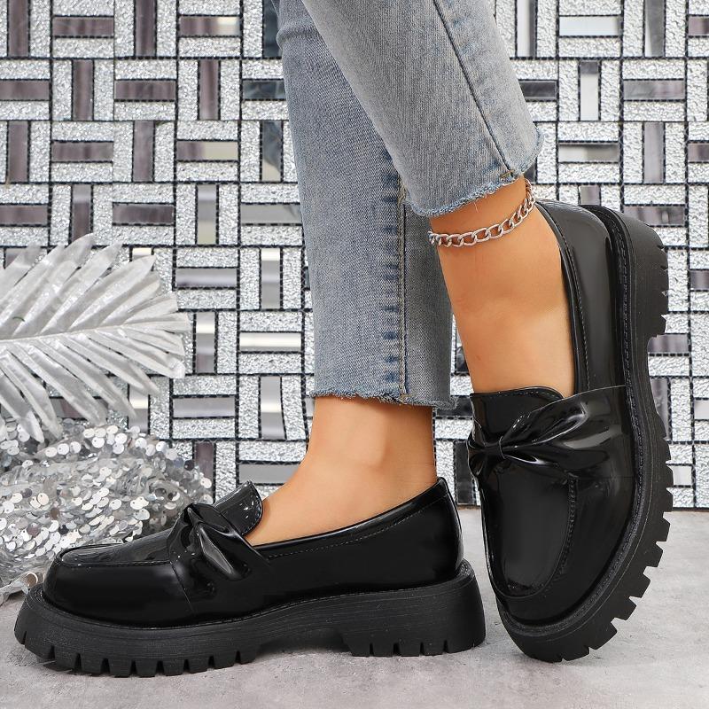 Casual Round Toe Platform Loafers Woman 2025 Autumn British Style Bow PU Leather Shoes Women Comfort Plus Size Slip On Flats