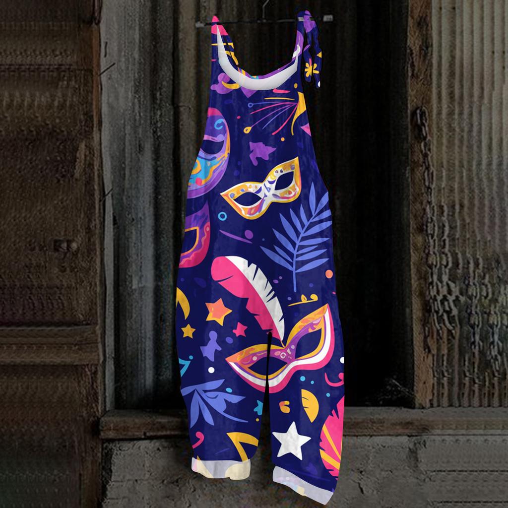 Women's Casual Jumpsuit Sleeveless Carnival Mask Print Loose Retro Overalls Jumpsuit
