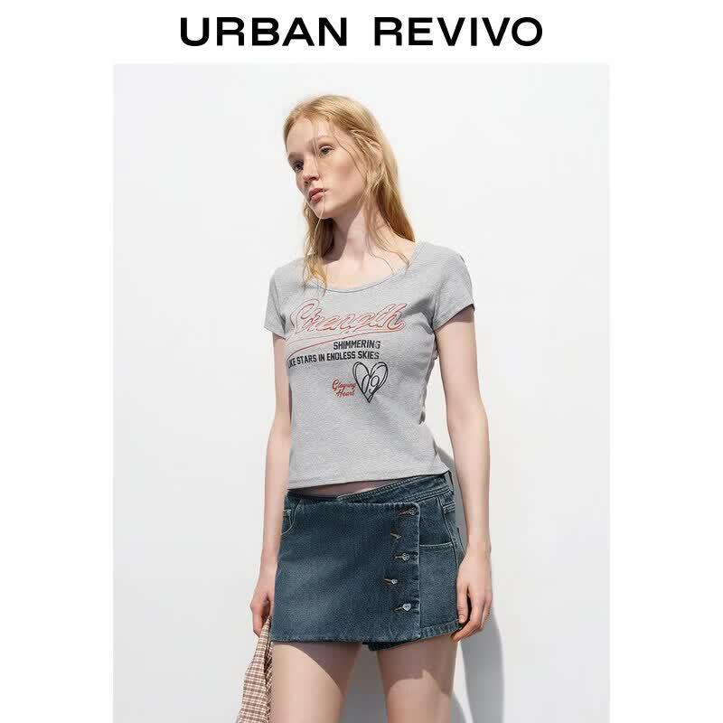 UR 2026 Women s U-Neck Contrast Letter Print Short Sleeve T-Shirt M