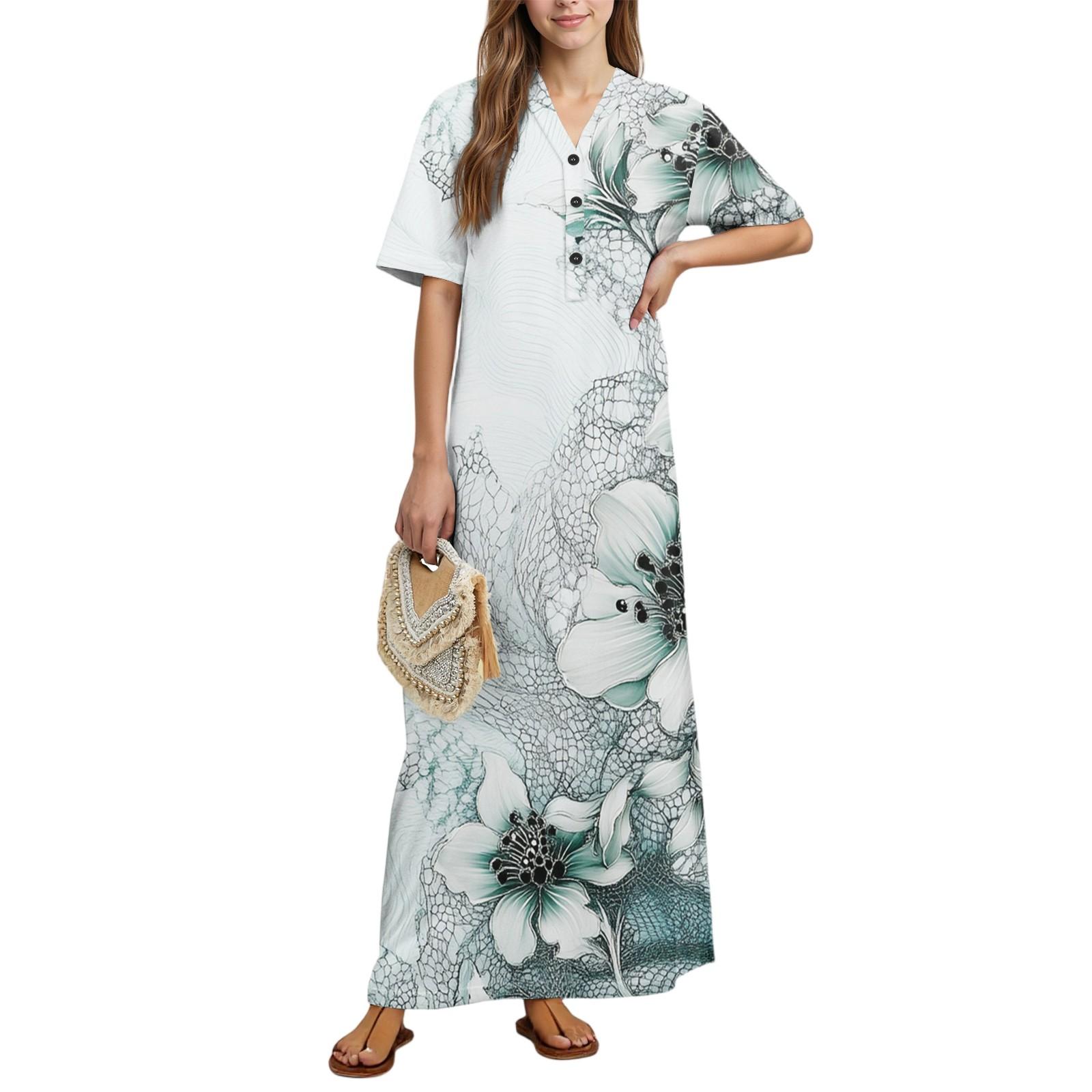 

Жіноча мода Принтована нічна сорочка Домашній одяг Нічна сорочка з коротким рукавом з кишенями Довга сукня M