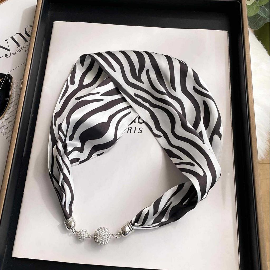 Magnetic Buckle Silk Scarf Headband Internet Celebrity New Magnetic Buckle Bracelet Small Long Women's Summer Casual Necklace Diamond Neck Band