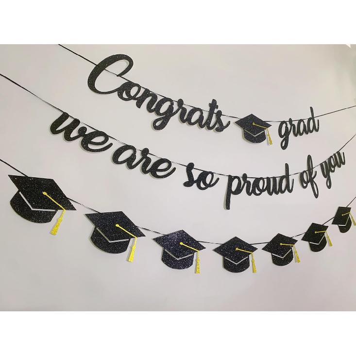 Graduation Decorations Class of 2025 Party Supplies - Congrats Grad, We Are So Proud of You Banner and Graduation Caps,hats Banner (Pre-Strung)