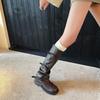 Super soft stack knight pleated boots retro medium tube belt buckle thick sole heightening trouser boots 2025 autumn and winter new