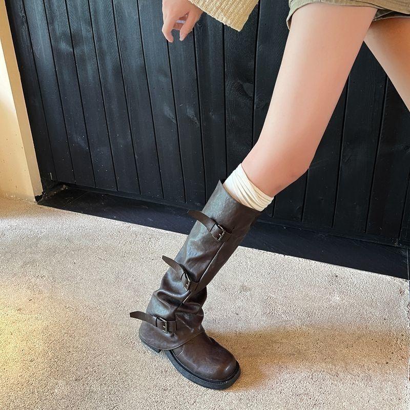 Super soft stack knight pleated boots retro medium tube belt buckle thick sole heightening trouser boots 2025 autumn and winter new