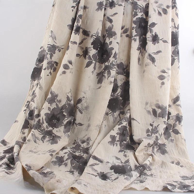 New Ink Print Floral Dress Fabric French Loose Halter Slimming Chinese Style Bubble Skirt Fabric Sewing for Clothes Dresses