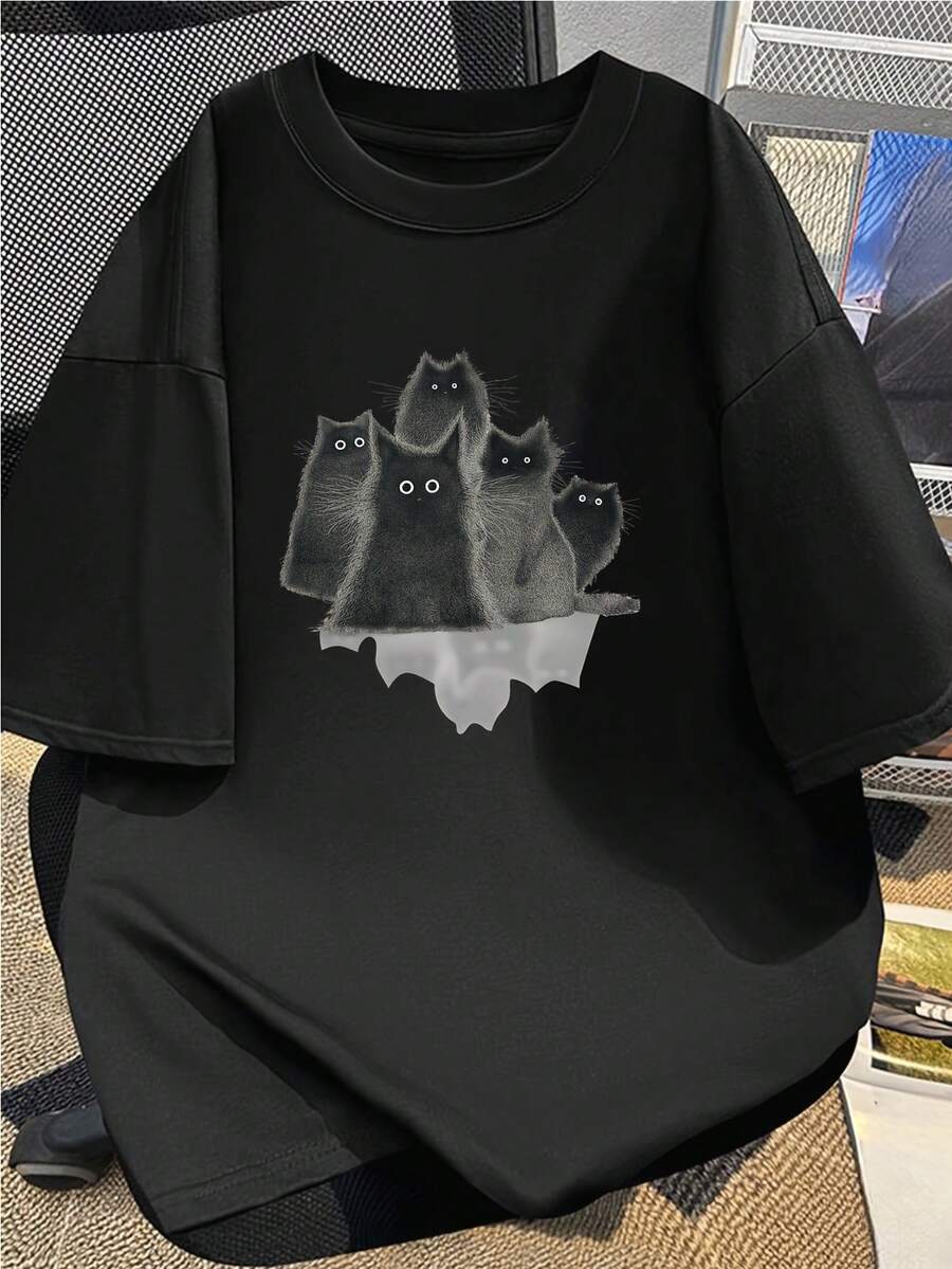 

Унисекс Черная хлопковая футболка с коротким рукавом, принт Три кота L