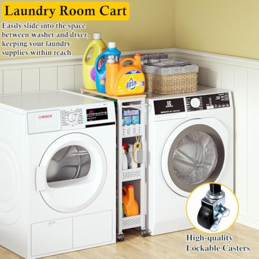 Utility Slim Storage Cart 4 Tier Small Rolling Kitchen Laundry Room Cart with Wood Top Metal Narrow Bathroom Storage Cabinet Mo