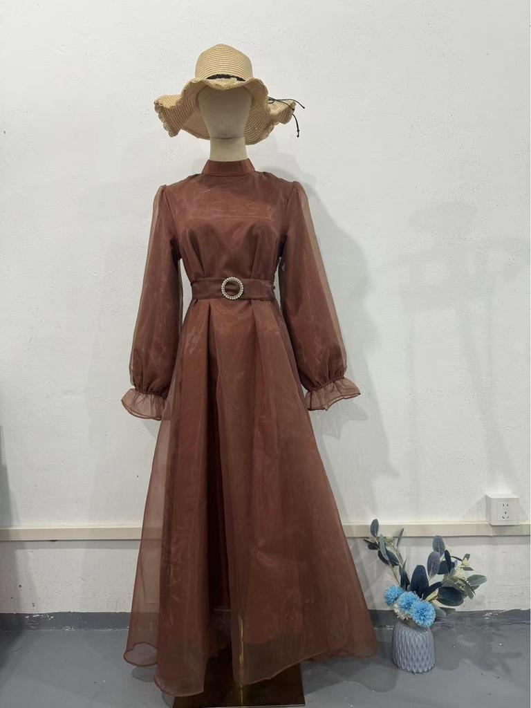 2024 Elegantes Damenkleid mit hohem Halsausschnitt, Netzstoff, schlankmachend, Laternenärmel