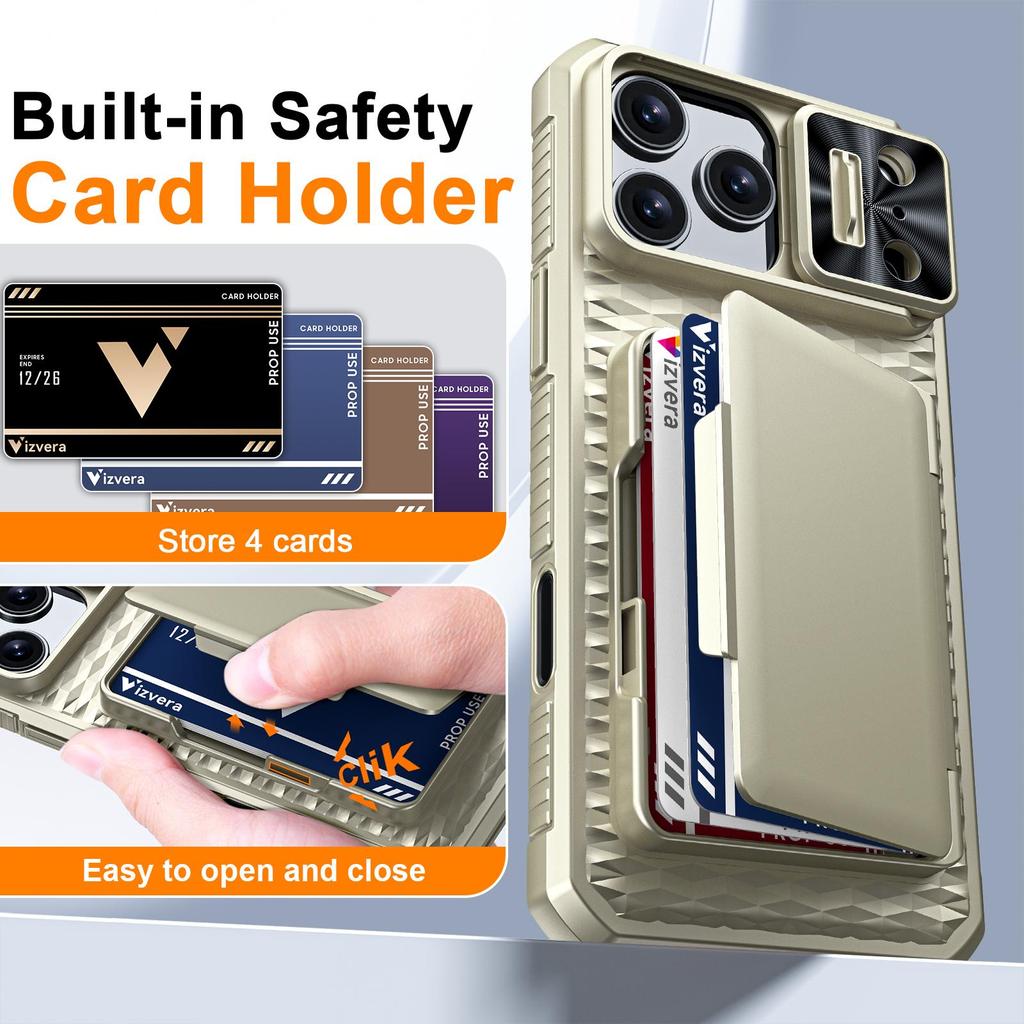 Mit Kartenhalter, Schiebefach für die Kamera und Ständer für iPhone 17 Pro Max Handyhülle, Anti-Fall PC+TPU Brieftaschenhülle - Champagner