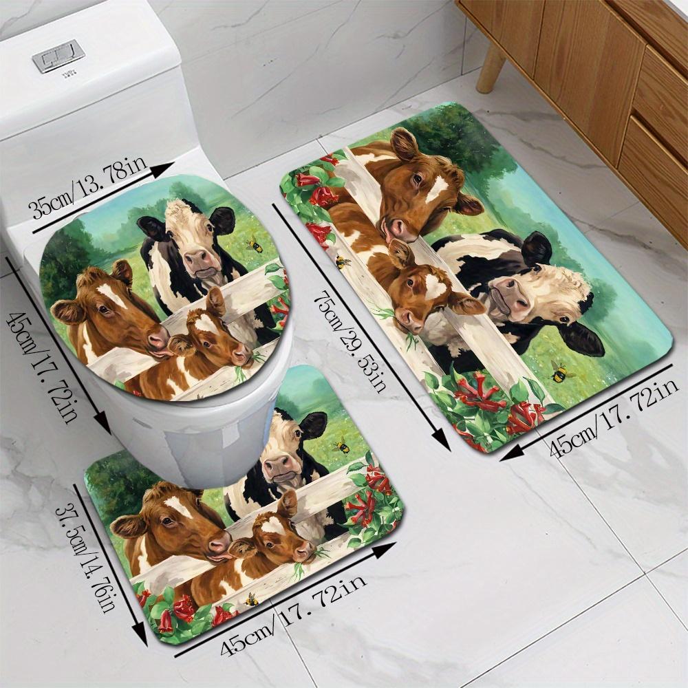3pcs Farm Animal Cow Bathroom Rug Set Non-Slip U-Shaped Mat and Toilet Lid Cover Pastoral Theme Washable Indoor Floor Mats