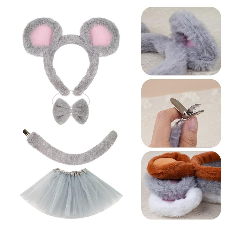 Set di Accessori Costume da Topo 1/3/4 Pezzi Costume di Halloween Costume da Vestire Orecchie da Topo Fascia Coda Gonna Tutù per Bambini Bambine