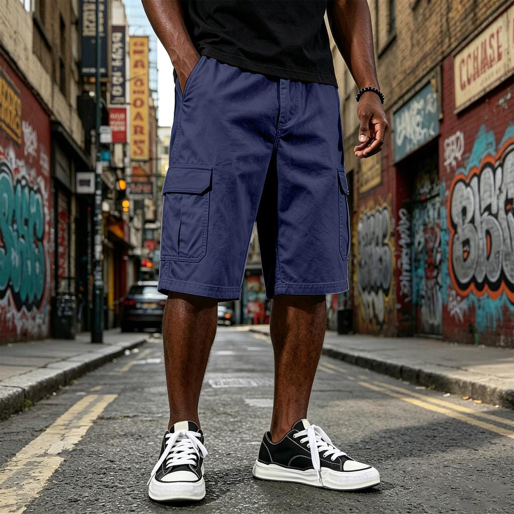 Men Drawstring Waist Relaxed Fit Cargo Shorts Multiple Pocket Casual Knee Length Shorts for Outdoor and Daily Wear