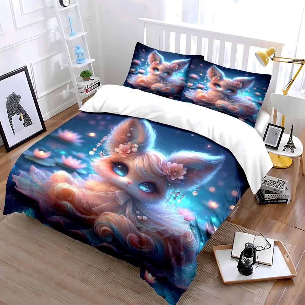 Dreamy Lotus Pond And Plush Fox Printed Duvet Cover Set1 Duvet Cover+2 Pillowcase Multi Size Bedroom Bedding Decor Luxury Gifts