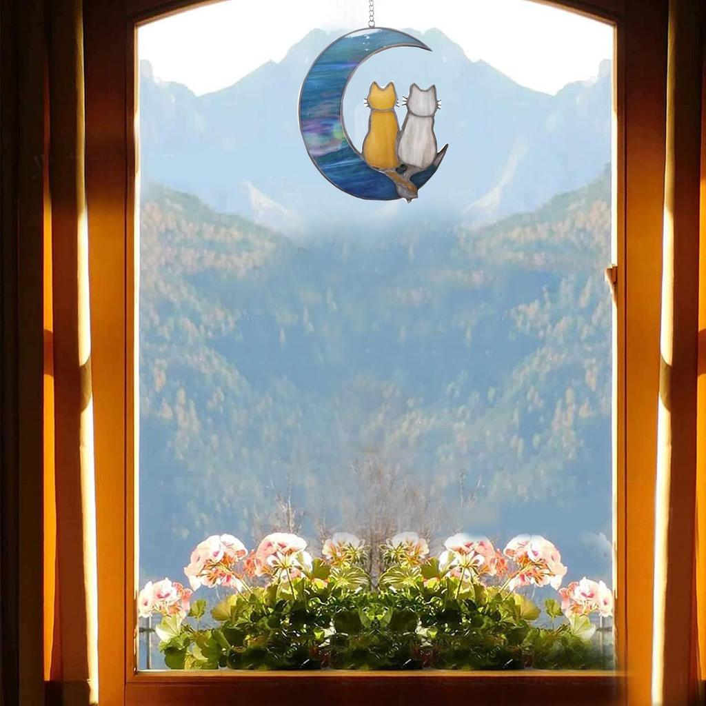 Blue Moon Cat Window Decoration Hanging,Alloy Cat Stained Painting Window Hangings, Acrylic Moon Decoration for Wall Courtyard Gift Pet Animal Cat